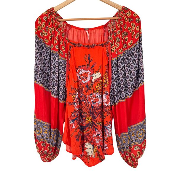 Free People  Positano Orange Patchwork Print Blouse size extra small oversized - Picture 2 of 14